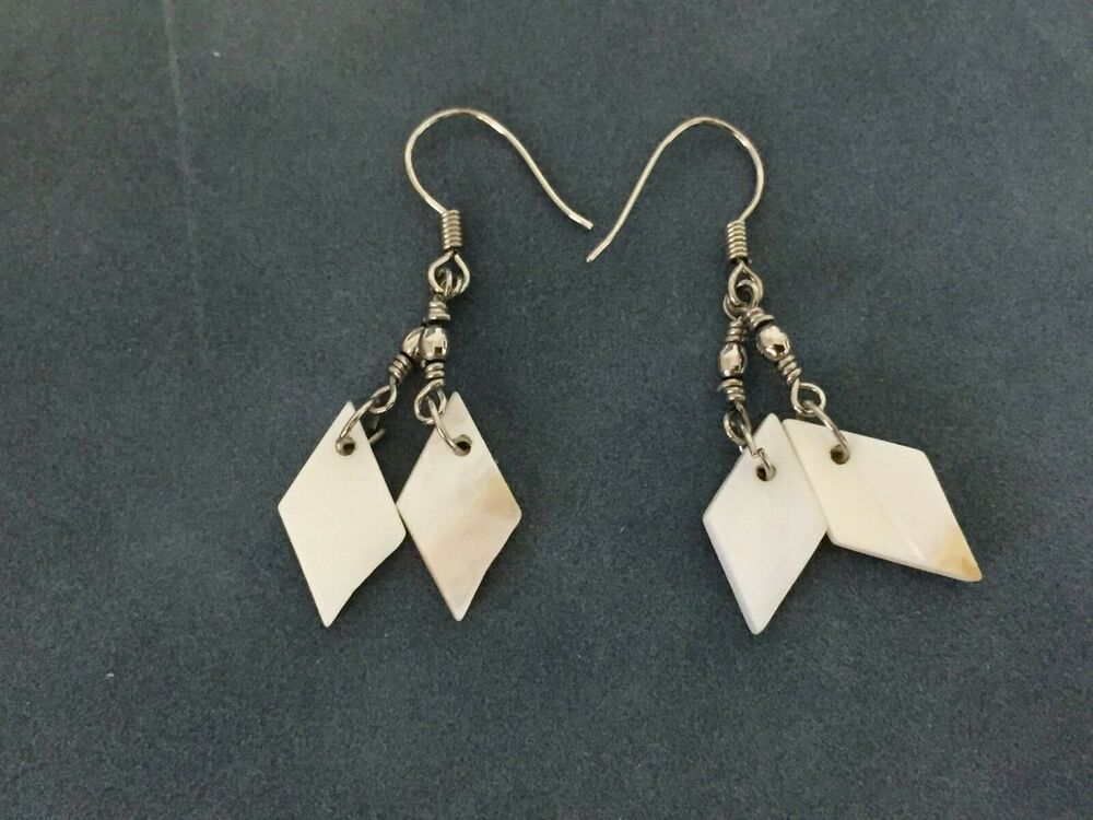 Silver Tone Diamond Shaped Mother of Pearl Shell Dangle Drop Earrings Beach